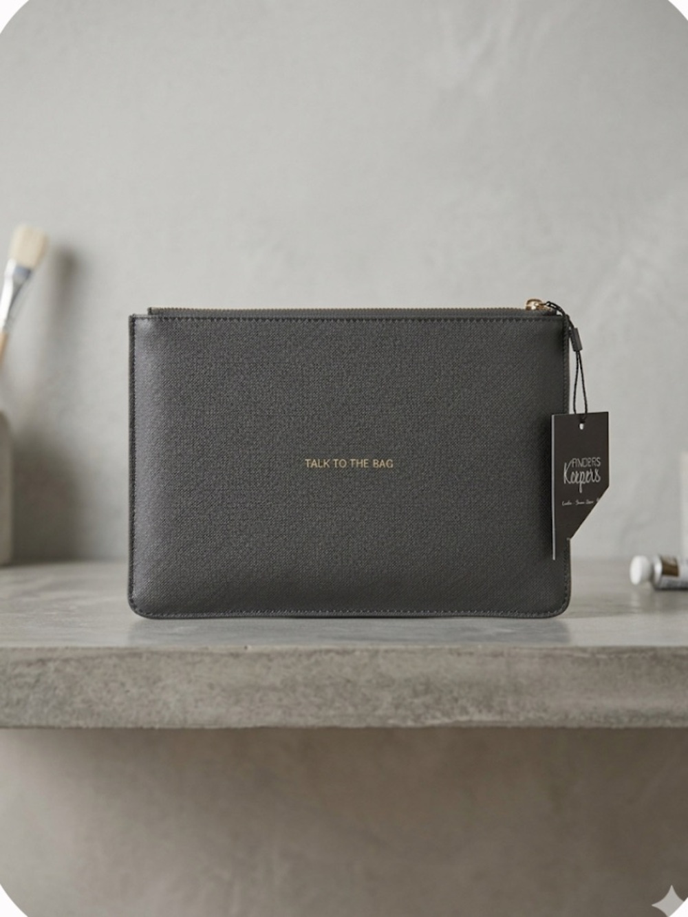 Talk To The Bag Charcoal Grey Faux Leather Zip Pouch